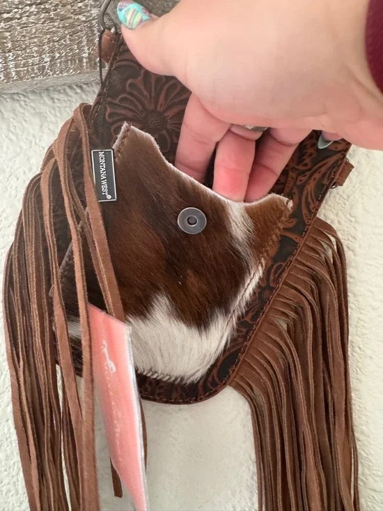 NWT Montana West Brown Tooled Fringe Crossbody with Cowhide Accent - Picture 2 of 7
